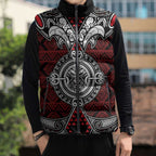 Red Aotearoa Taniko Motif Sleeveless Puffer Jacket Vintage Maori New Zealand Tribal Art Pattern - Aussie Hoodie