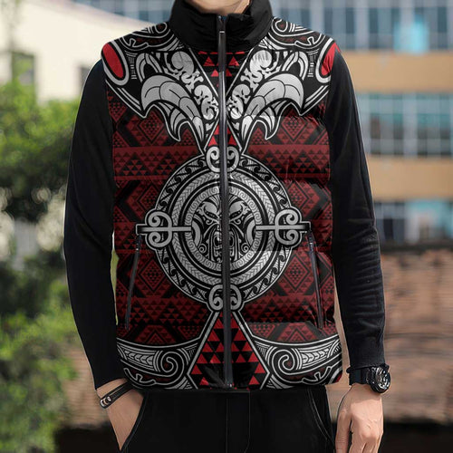 Red Aotearoa Taniko Motif Sleeveless Puffer Jacket Vintage Maori New Zealand Tribal Art Pattern - Aussie Hoodie