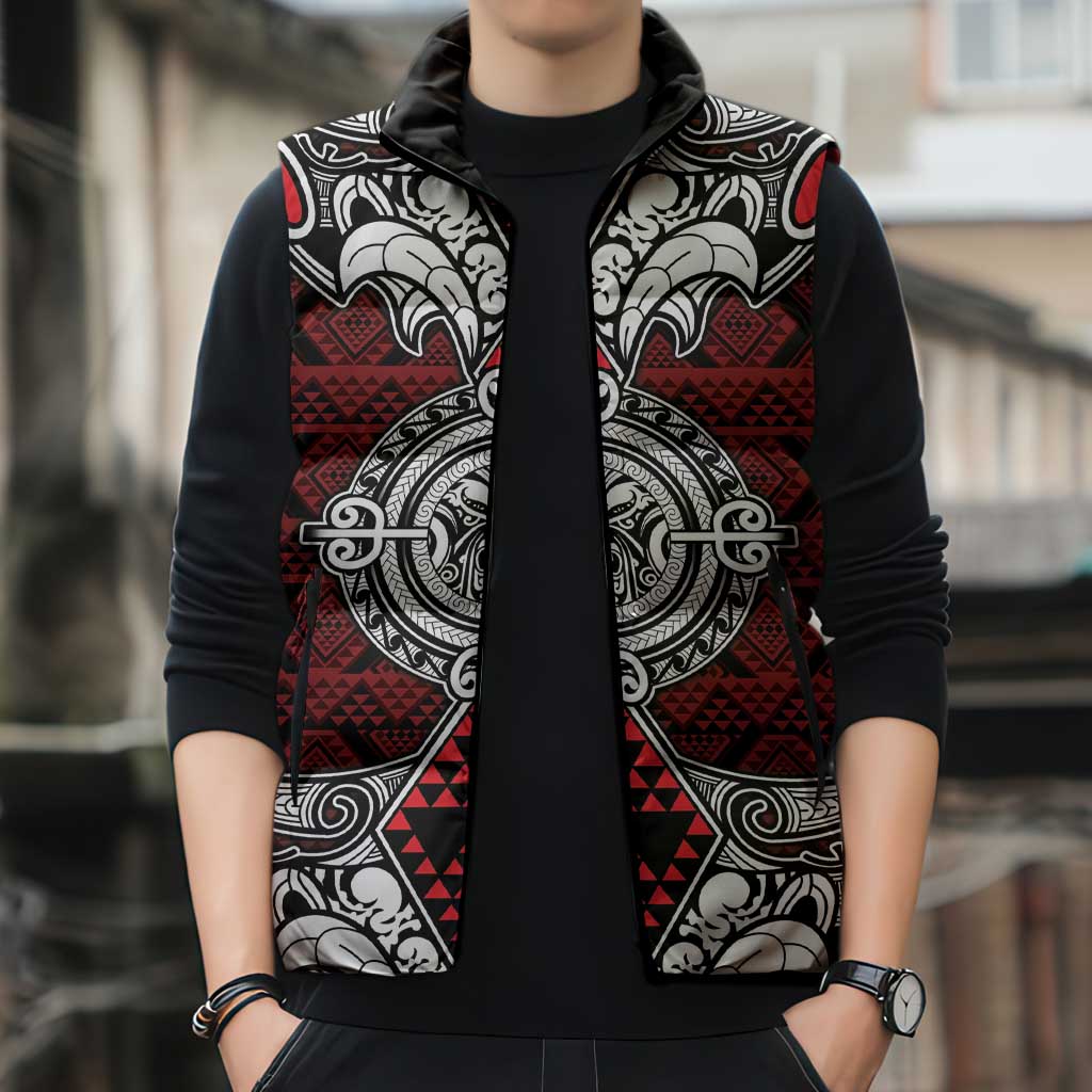 Red Aotearoa Taniko Motif Sleeveless Puffer Jacket Vintage Maori New Zealand Tribal Art Pattern - Aussie Hoodie