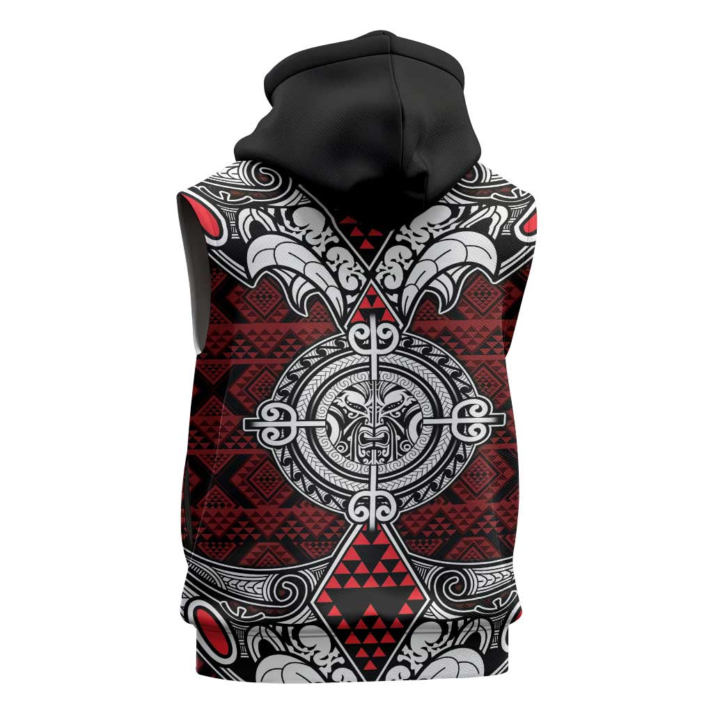 Red Aotearoa Taniko Motif Sleeveless Zip Hoodie Vintage Maori New Zealand Tribal Art Pattern LT9