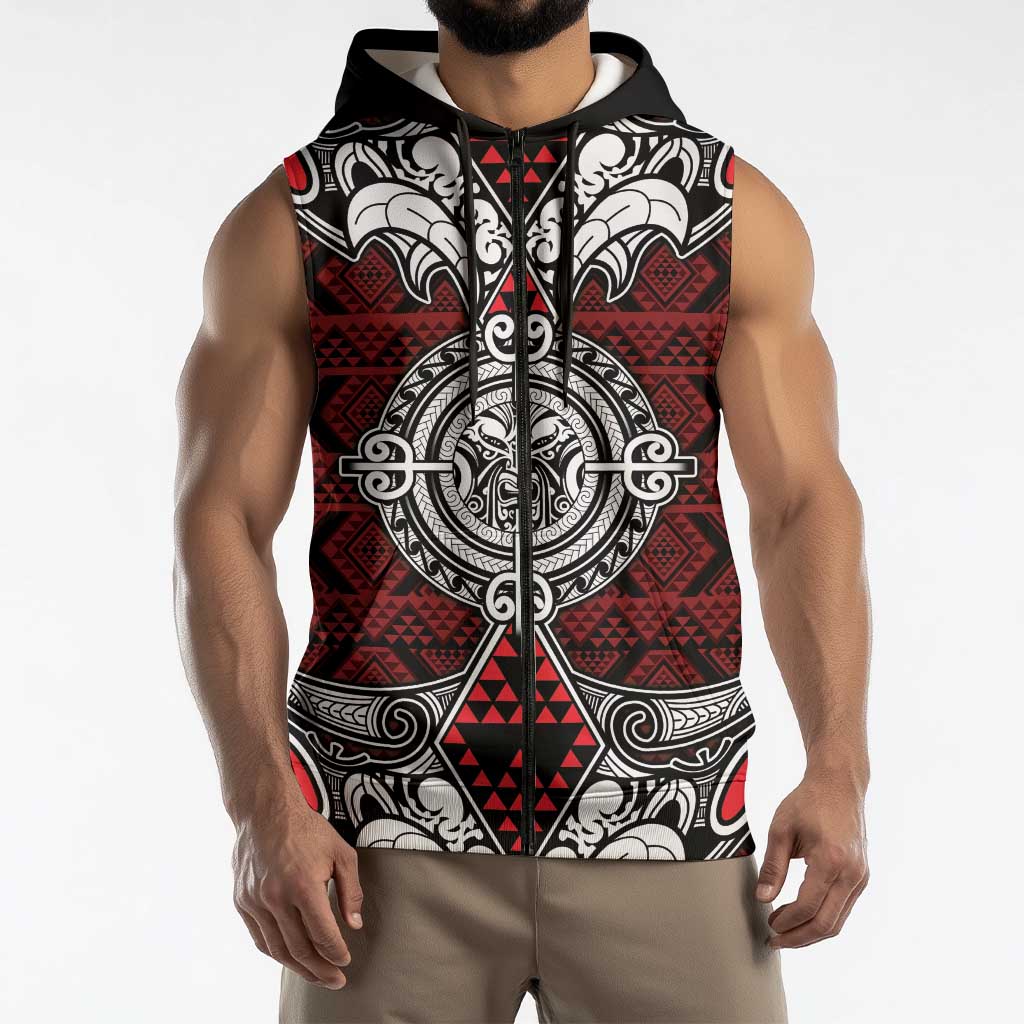 Red Aotearoa Taniko Motif Sleeveless Zip Hoodie Vintage Maori New Zealand Tribal Art Pattern LT9
