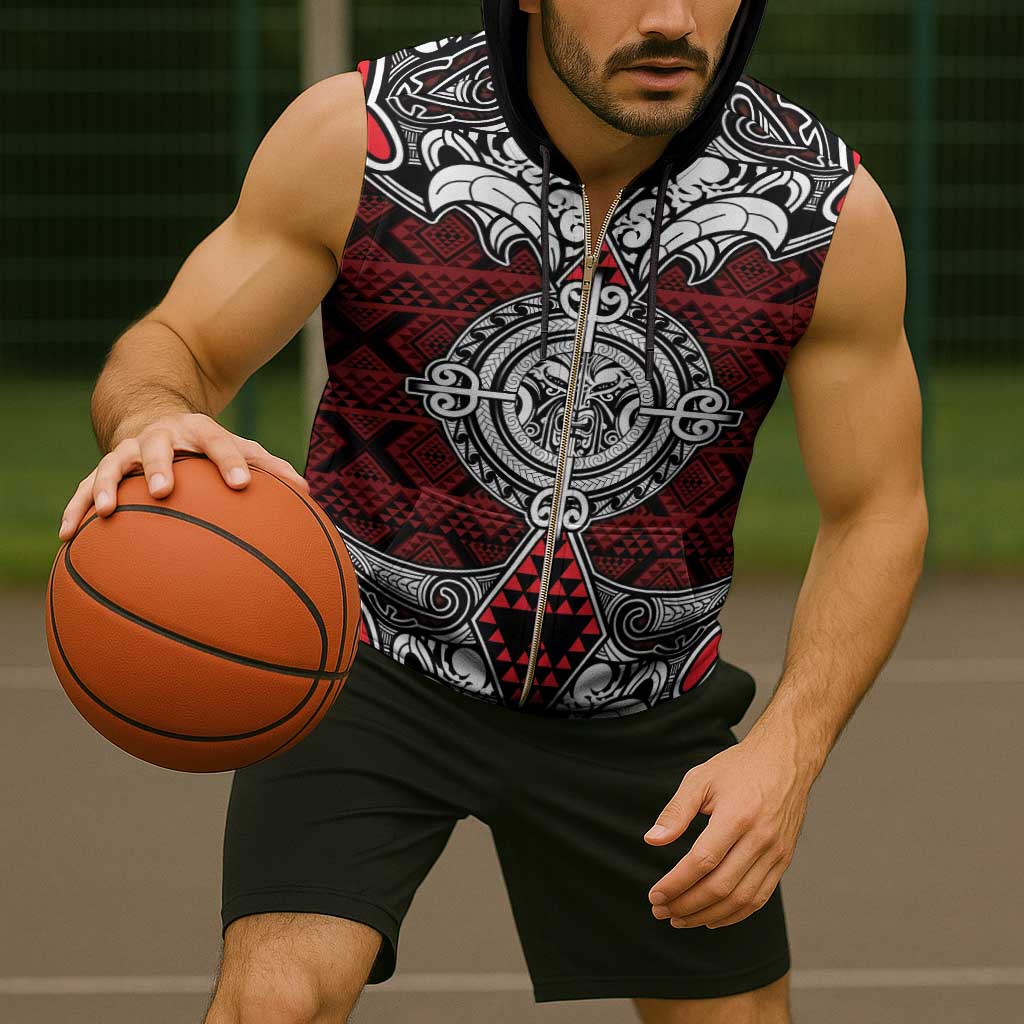 Red Aotearoa Taniko Motif Sleeveless Zip Hoodie Vintage Maori New Zealand Tribal Art Pattern - Aussie Hoodie