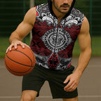 Red Aotearoa Taniko Motif Sleeveless Zip Hoodie Vintage Maori New Zealand Tribal Art Pattern LT9