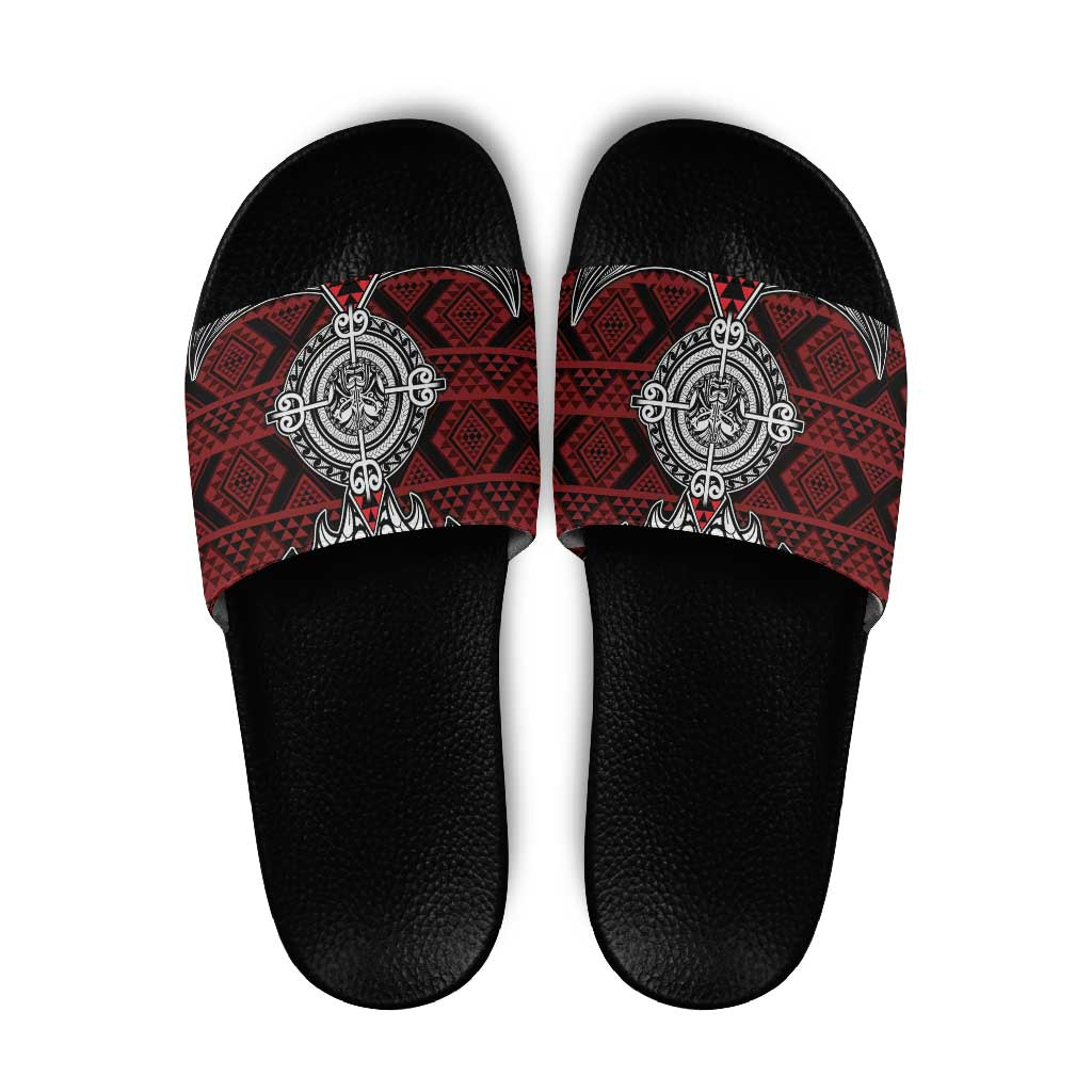 Red Aotearoa Taniko Motif Slide Sandals Vintage Maori New Zealand Tribal Art Pattern - Aussie Hoodie