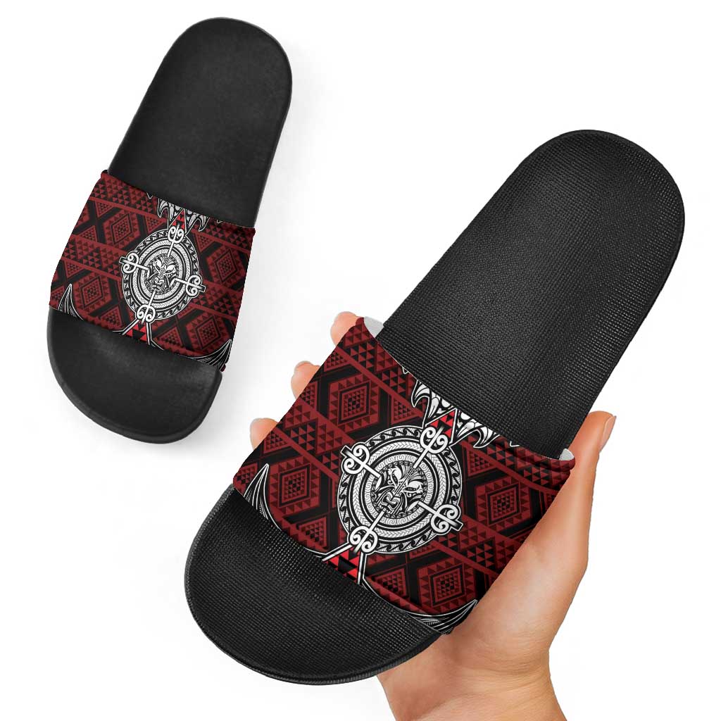 Red Aotearoa Taniko Motif Slide Sandals Vintage Maori New Zealand Tribal Art Pattern - Aussie Hoodie