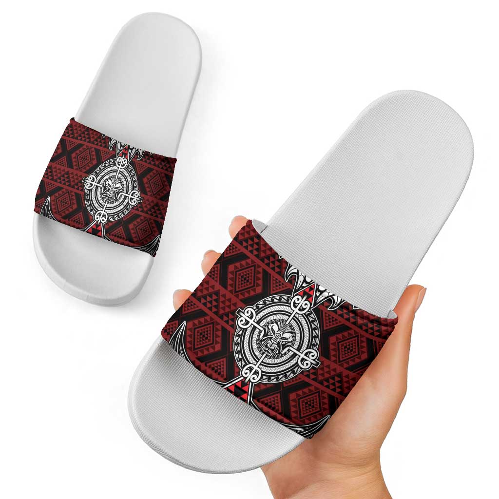 Red Aotearoa Taniko Motif Slide Sandals Vintage Maori New Zealand Tribal Art Pattern - Aussie Hoodie