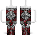 Red Aotearoa Taniko Motif Tumbler With Handle Vintage Maori New Zealand Tribal Art Pattern