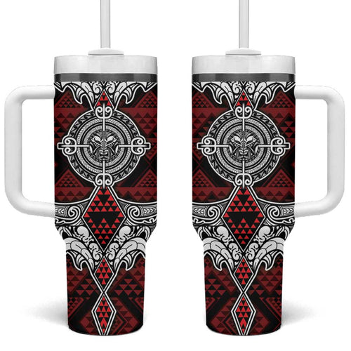 Red Aotearoa Taniko Motif Tumbler With Handle Vintage Maori New Zealand Tribal Art Pattern