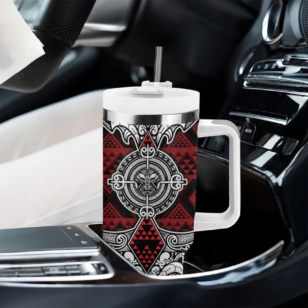 Red Aotearoa Taniko Motif Tumbler With Handle Vintage Maori New Zealand Tribal Art Pattern
