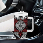 Red Aotearoa Taniko Motif Tumbler With Handle Vintage Maori New Zealand Tribal Art Pattern