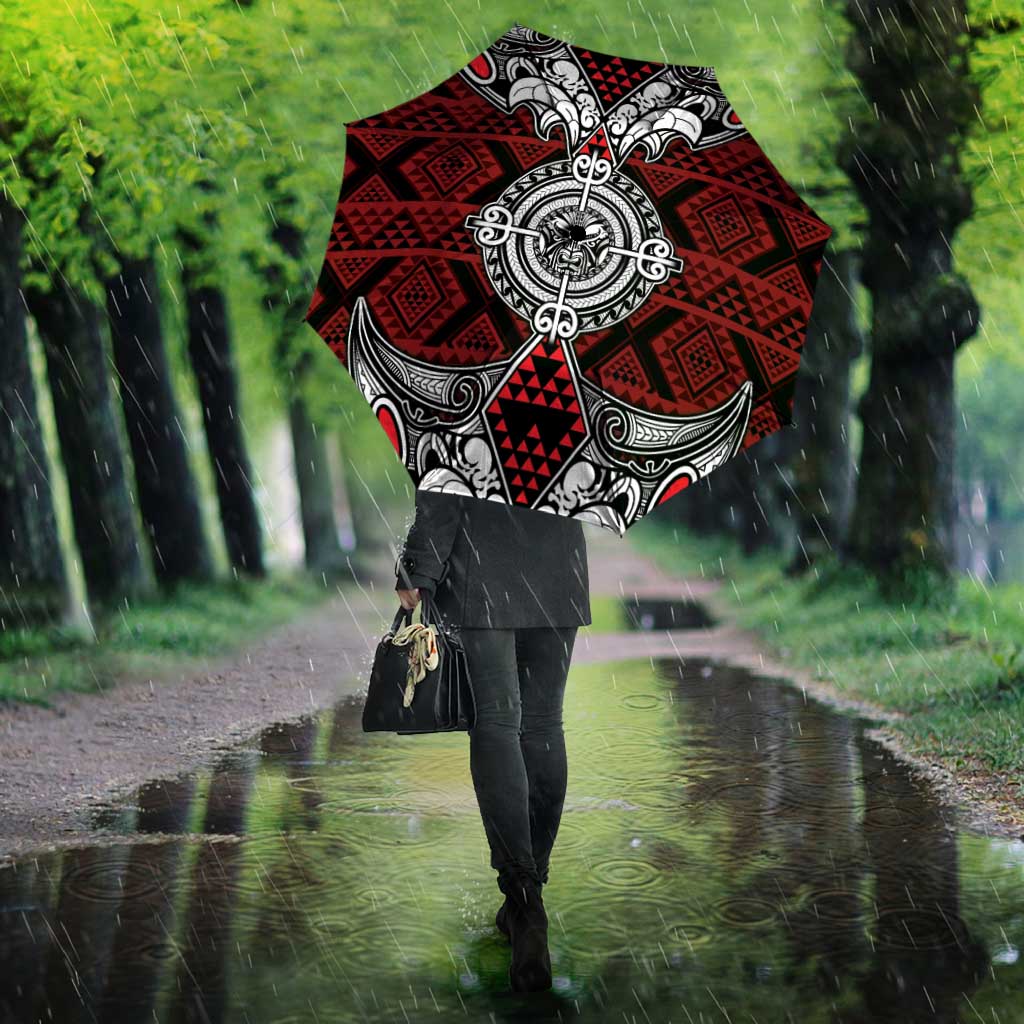 Red Aotearoa Taniko Motif Umbrella Vintage Maori New Zealand Tribal Art Pattern - Aussie Hoodie