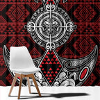 Red Aotearoa Taniko Motif Window Curtain Vintage Maori New Zealand Tribal Art Pattern