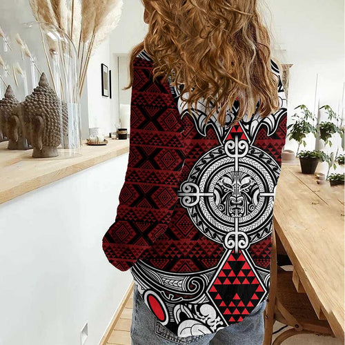 Red Aotearoa Tanilo Motif Women Casual Shirt Vintage Maori New Zealand Tribal Art Pattern