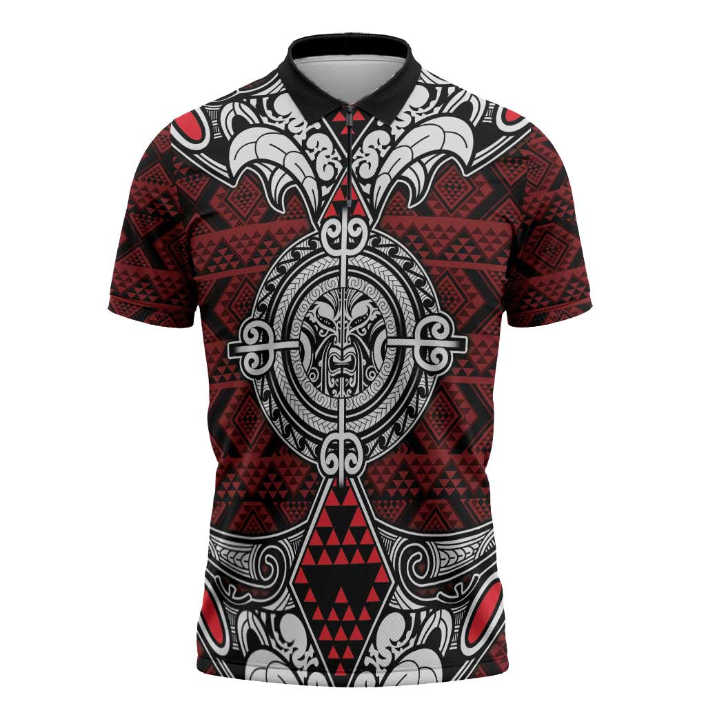 Red Aotearoa Taniko Motif Zipper Polo Shirt Vintage Maori New Zealand Tribal Art Pattern - Aussie Hoodie
