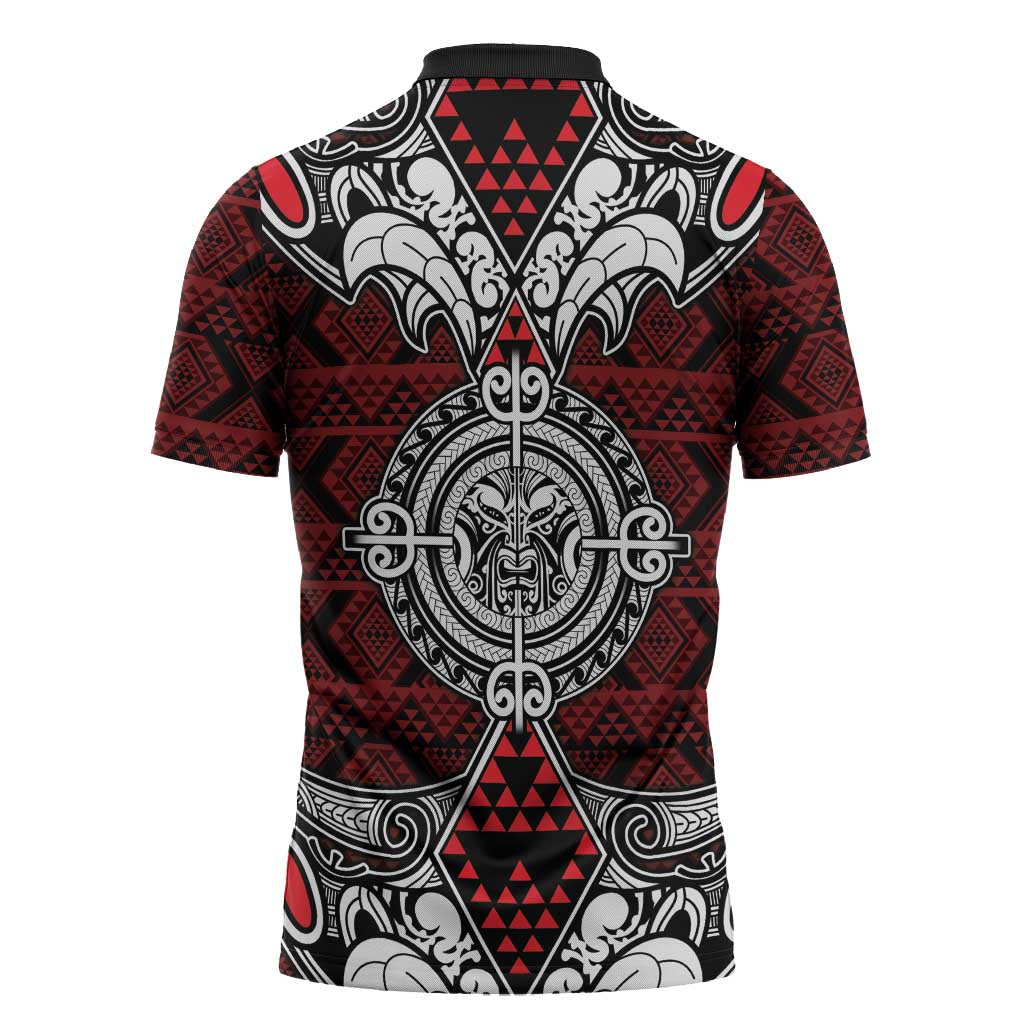 Red Aotearoa Taniko Motif Zipper Polo Shirt Vintage Maori New Zealand Tribal Art Pattern - Aussie Hoodie