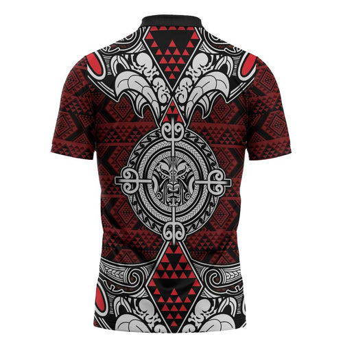 Red Aotearoa Taniko Motif Zipper Polo Shirt Vintage Maori New Zealand Tribal Art Pattern - Aussie Hoodie