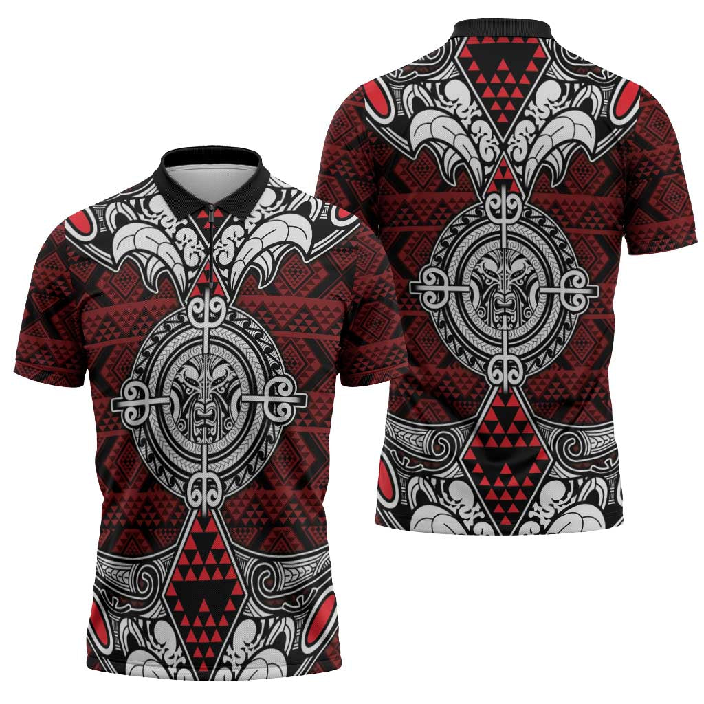 Red Aotearoa Taniko Motif Zipper Polo Shirt Vintage Maori New Zealand Tribal Art Pattern - Aussie Hoodie