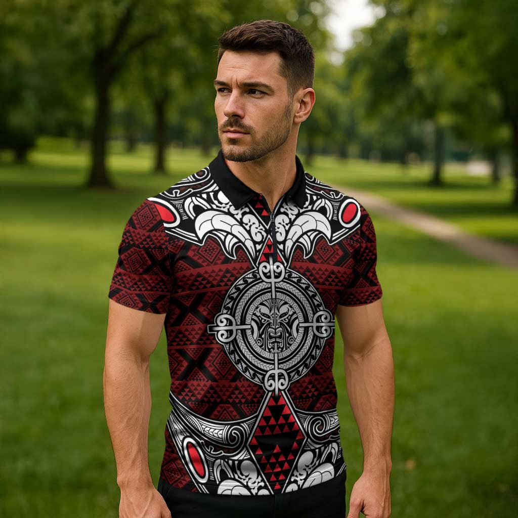 Red Aotearoa Taniko Motif Zipper Polo Shirt Vintage Maori New Zealand Tribal Art Pattern - Aussie Hoodie