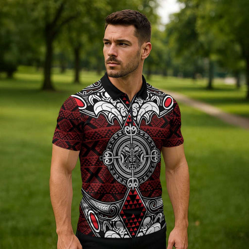 Red Aotearoa Taniko Motif Zipper Polo Shirt Vintage Maori New Zealand Tribal Art Pattern - Aussie Hoodie