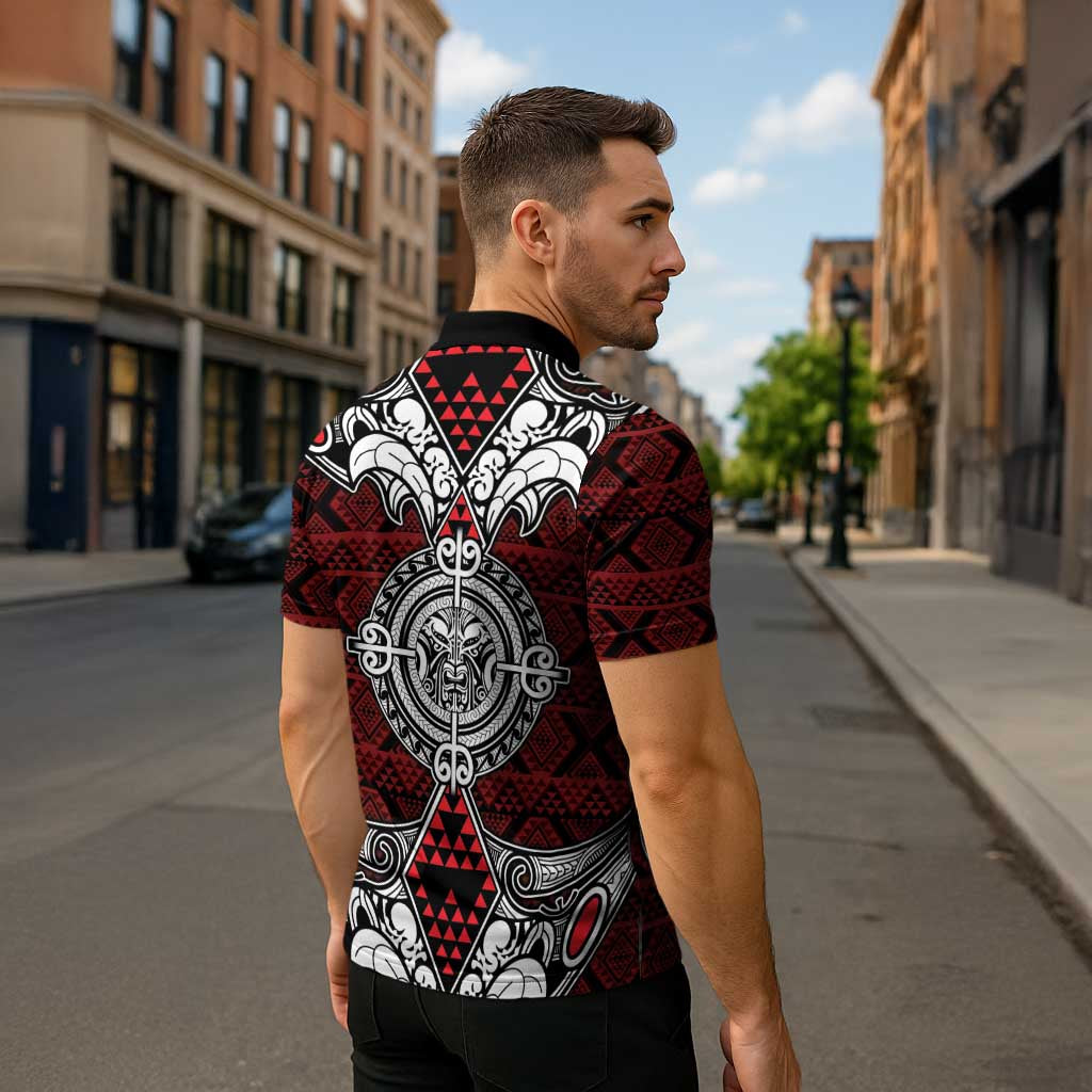 Red Aotearoa Taniko Motif Zipper Polo Shirt Vintage Maori New Zealand Tribal Art Pattern - Aussie Hoodie