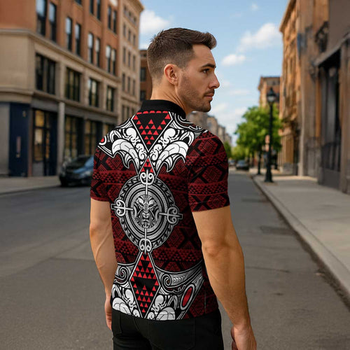 Red Aotearoa Taniko Motif Zipper Polo Shirt Vintage Maori New Zealand Tribal Art Pattern - Aussie Hoodie