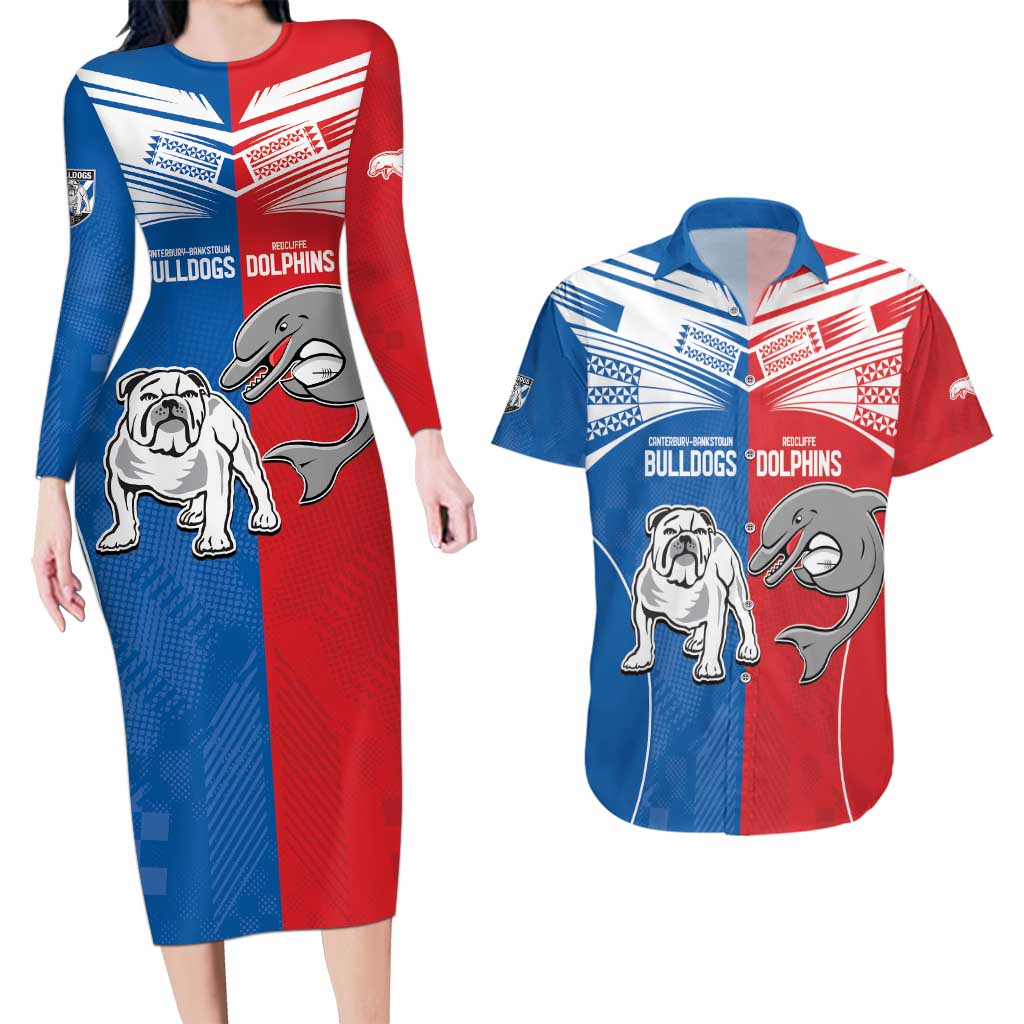 NRL Bulldogs and Dolphins Couples Matching Long Sleeve Bodycon Dress and Hawaiian Shirt Sporty Style