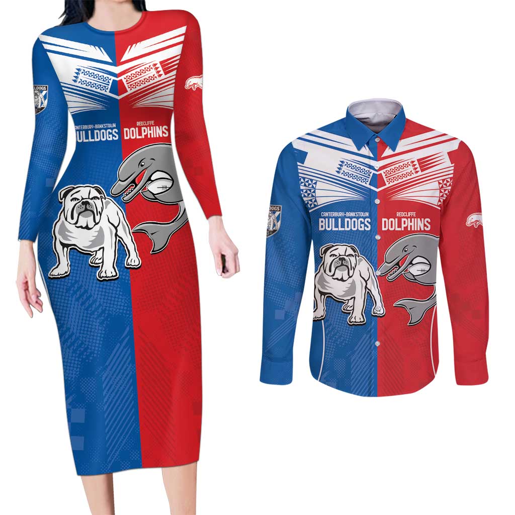 NRL Bulldogs and Dolphins Couples Matching Long Sleeve Bodycon Dress and Long Sleeve Button Shirt Sporty Style