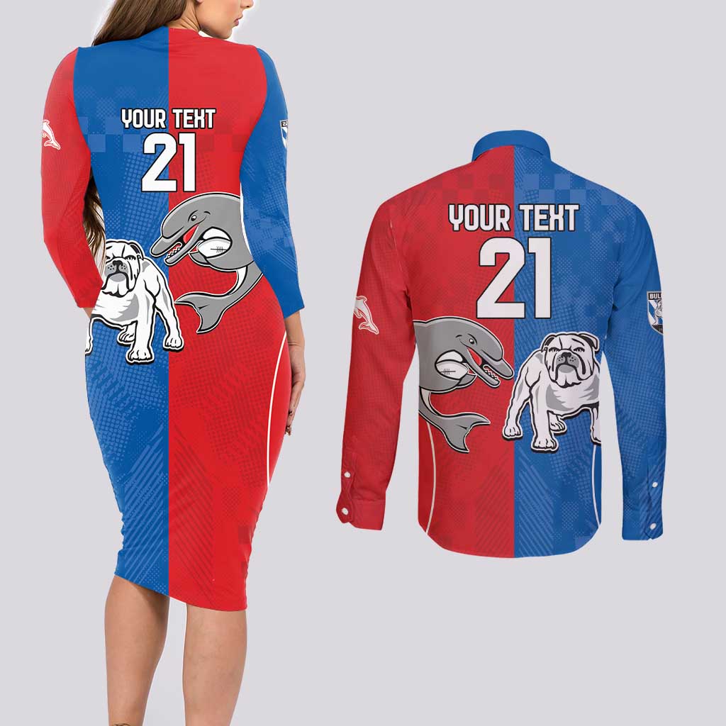 NRL Bulldogs and Dolphins Couples Matching Long Sleeve Bodycon Dress and Long Sleeve Button Shirt Sporty Style