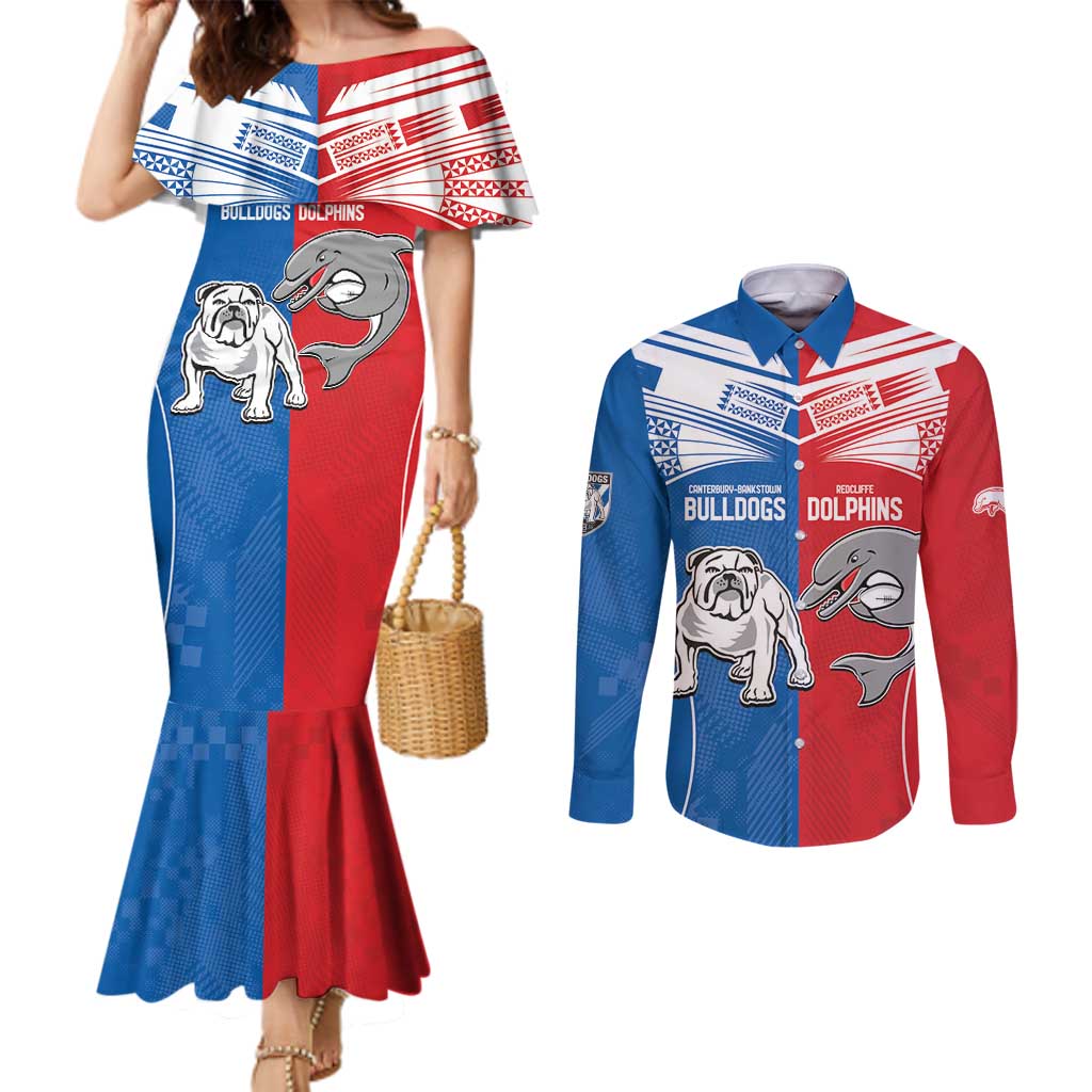 NRL Bulldogs and Dolphins Couples Matching Mermaid Dress and Long Sleeve Button Shirt Sporty Style