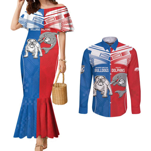 NRL Bulldogs and Dolphins Couples Matching Mermaid Dress and Long Sleeve Button Shirt Sporty Style