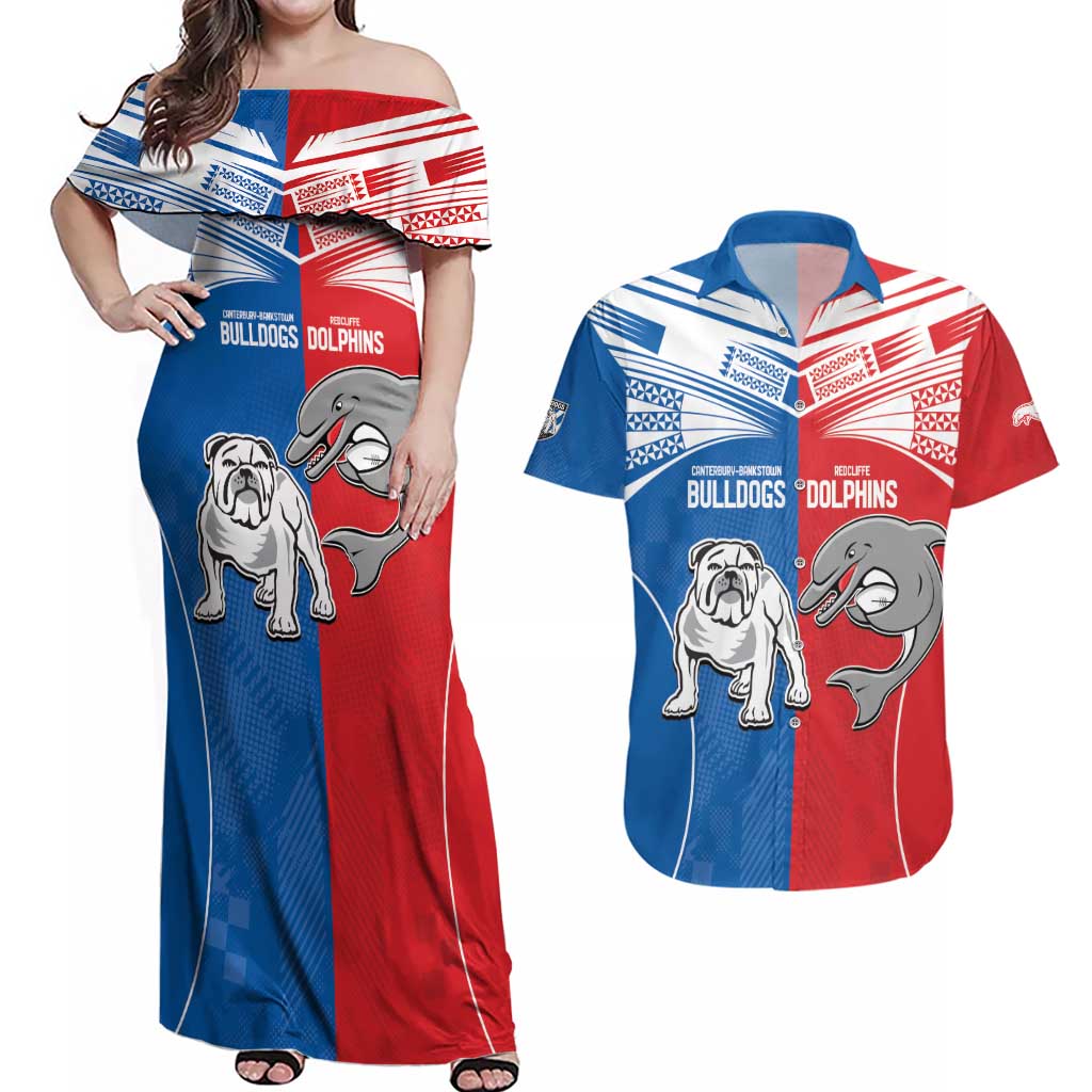 NRL Bulldogs and Dolphins Couples Matching Off Shoulder Maxi Dress and Hawaiian Shirt Sporty Style