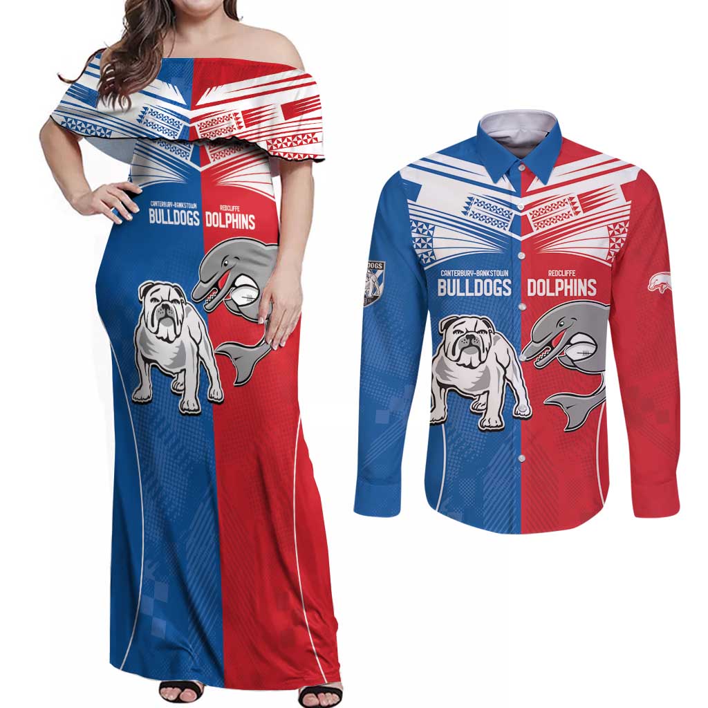NRL Bulldogs and Dolphins Couples Matching Off Shoulder Maxi Dress and Long Sleeve Button Shirt Sporty Style