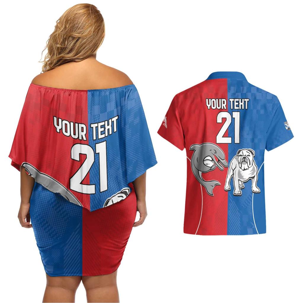 NRL Bulldogs and Dolphins Couples Matching Off Shoulder Short Dress and Hawaiian Shirt Sporty Style