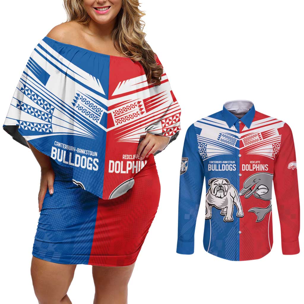 NRL Bulldogs and Dolphins Couples Matching Off Shoulder Short Dress and Long Sleeve Button Shirt Sporty Style