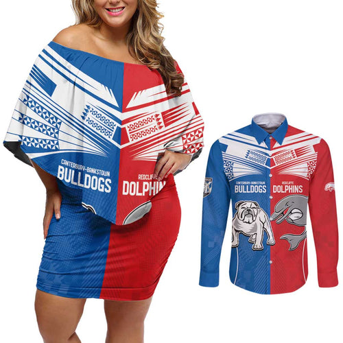 NRL Bulldogs and Dolphins Couples Matching Off Shoulder Short Dress and Long Sleeve Button Shirt Sporty Style