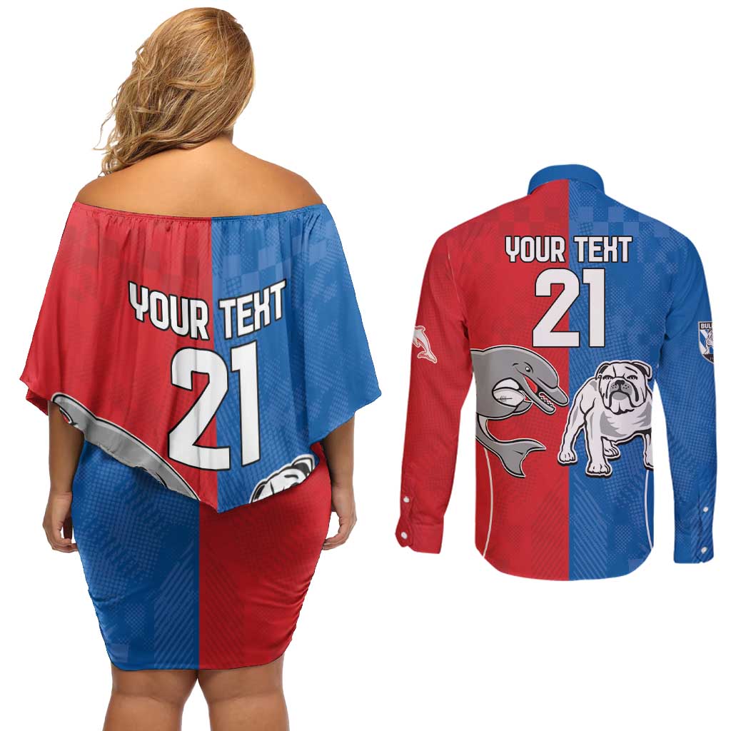 NRL Bulldogs and Dolphins Couples Matching Off Shoulder Short Dress and Long Sleeve Button Shirt Sporty Style
