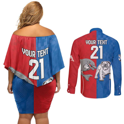 NRL Bulldogs and Dolphins Couples Matching Off Shoulder Short Dress and Long Sleeve Button Shirt Sporty Style