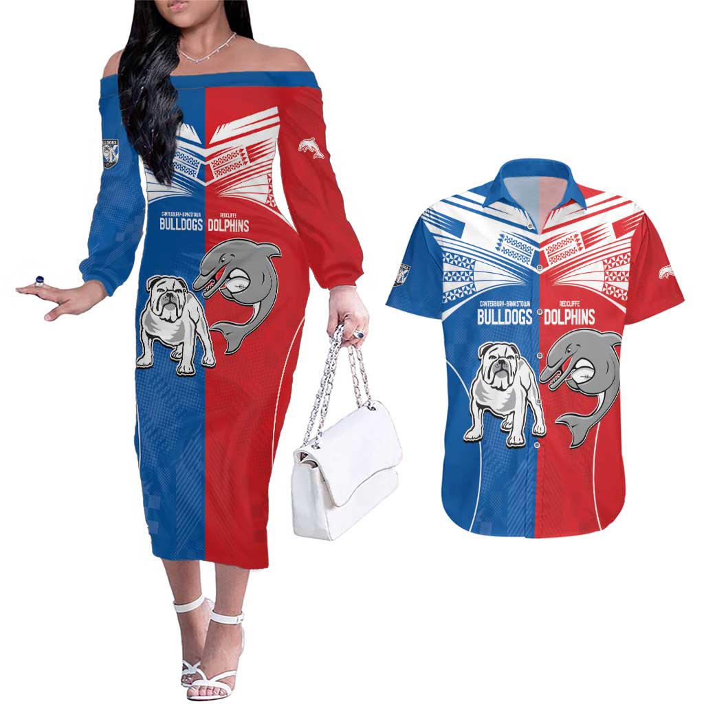 NRL Bulldogs and Dolphins Couples Matching Off The Shoulder Long Sleeve Dress and Hawaiian Shirt Sporty Style