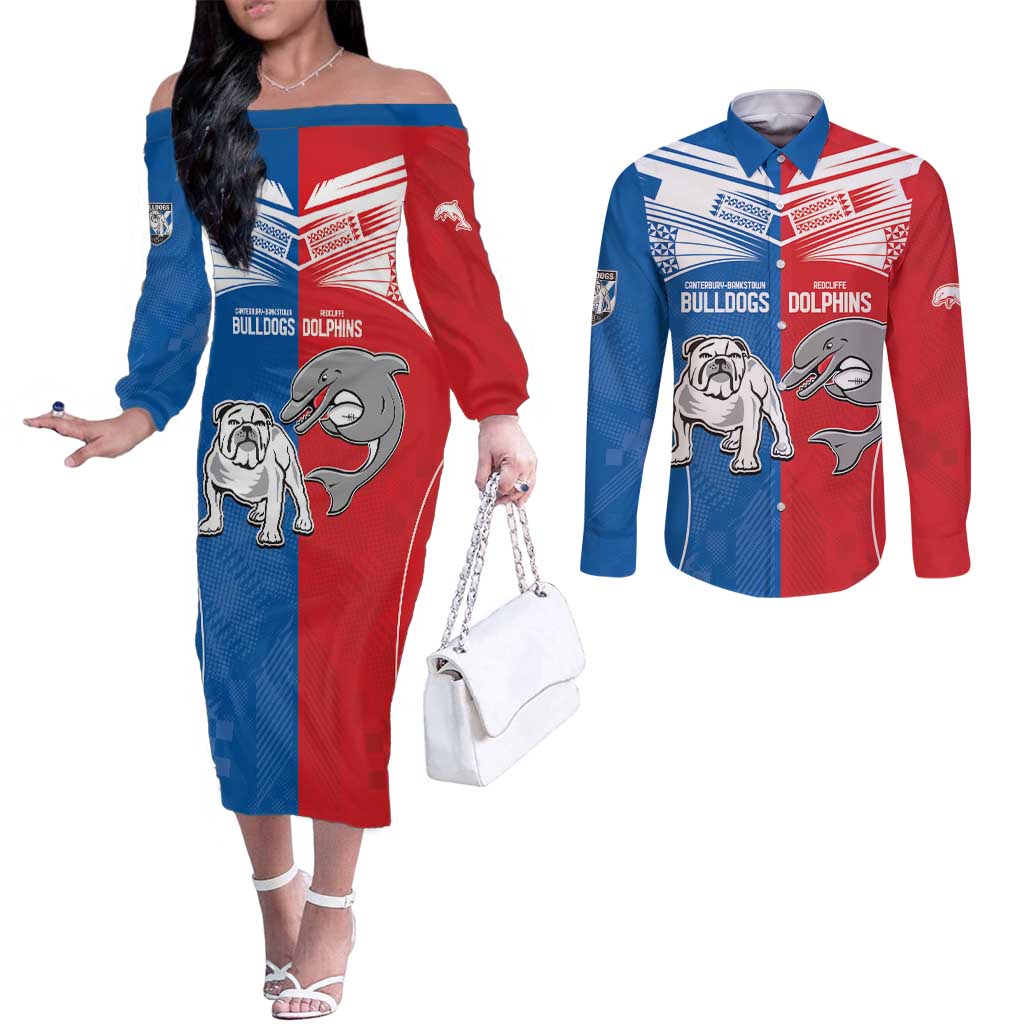 NRL Bulldogs and Dolphins Couples Matching Off The Shoulder Long Sleeve Dress and Long Sleeve Button Shirt Sporty Style