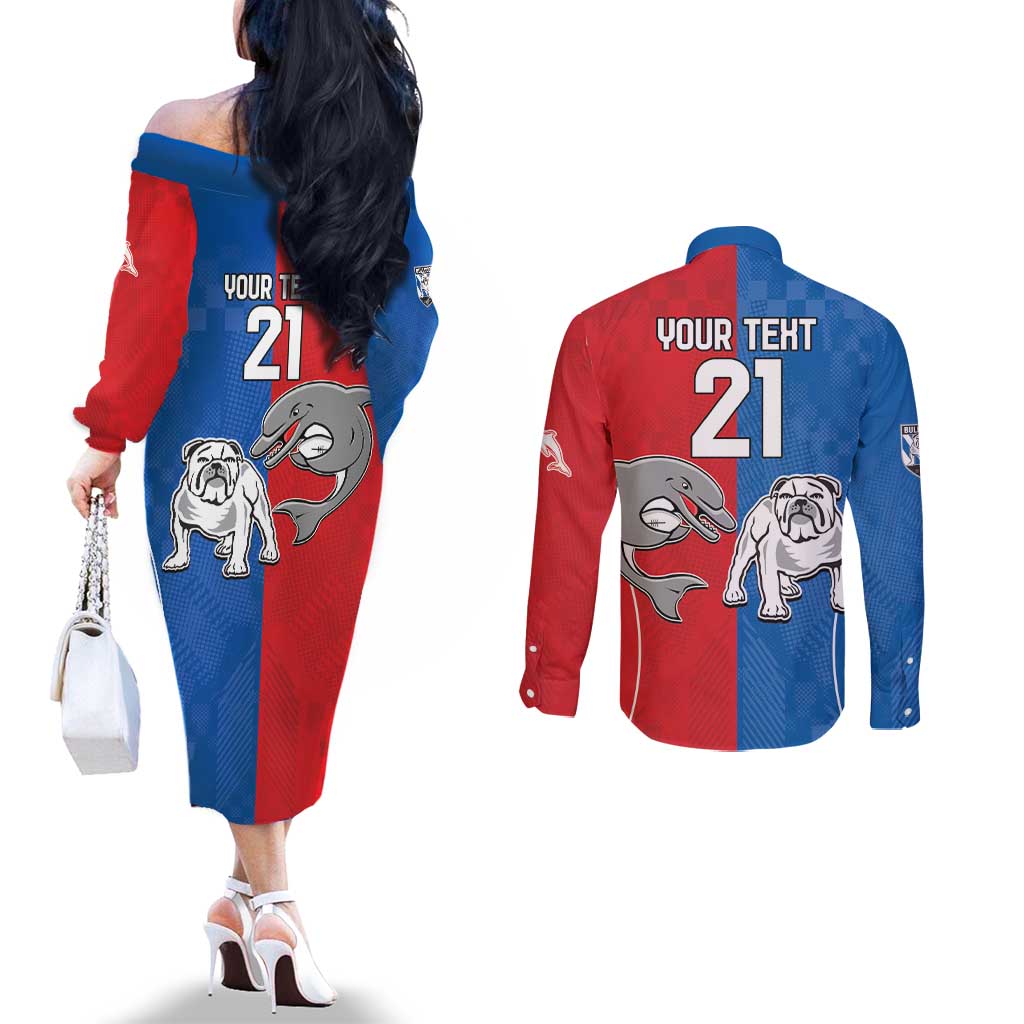 NRL Bulldogs and Dolphins Couples Matching Off The Shoulder Long Sleeve Dress and Long Sleeve Button Shirt Sporty Style