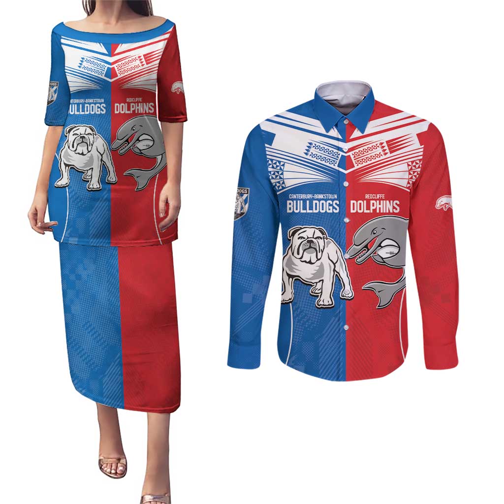 NRL Bulldogs and Dolphins Couples Matching Puletasi and Long Sleeve Button Shirt Sporty Style