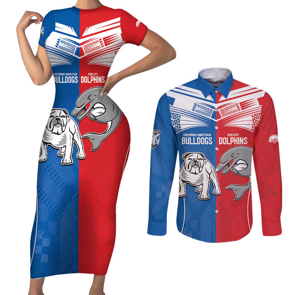 NRL Bulldogs and Dolphins Couples Matching Short Sleeve Bodycon Dress and Long Sleeve Button Shirt Sporty Style