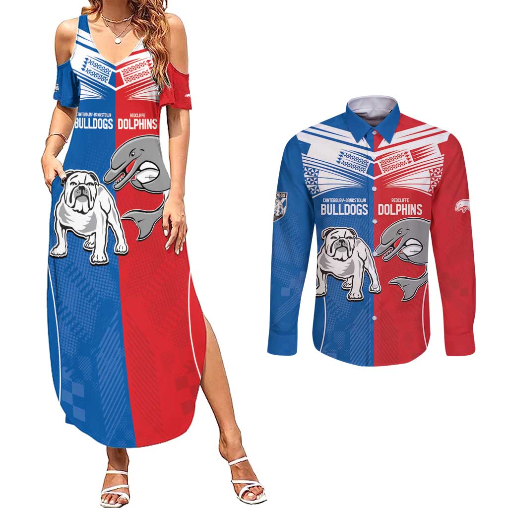 NRL Bulldogs and Dolphins Couples Matching Summer Maxi Dress and Long Sleeve Button Shirt Sporty Style