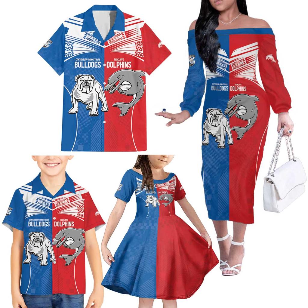 NRL Bulldogs and Dolphins Family Matching Off The Shoulder Long Sleeve Dress and Hawaiian Shirt Sporty Style