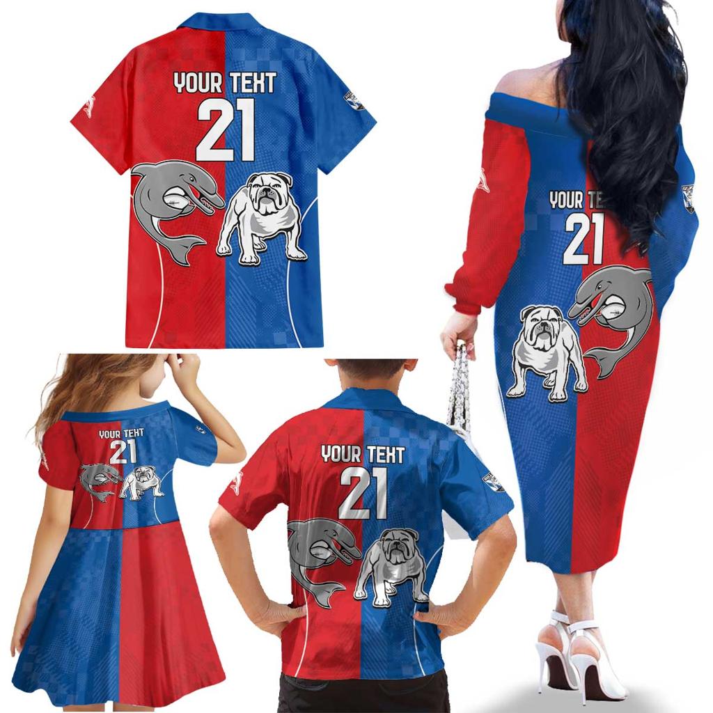 NRL Bulldogs and Dolphins Family Matching Off The Shoulder Long Sleeve Dress and Hawaiian Shirt Sporty Style