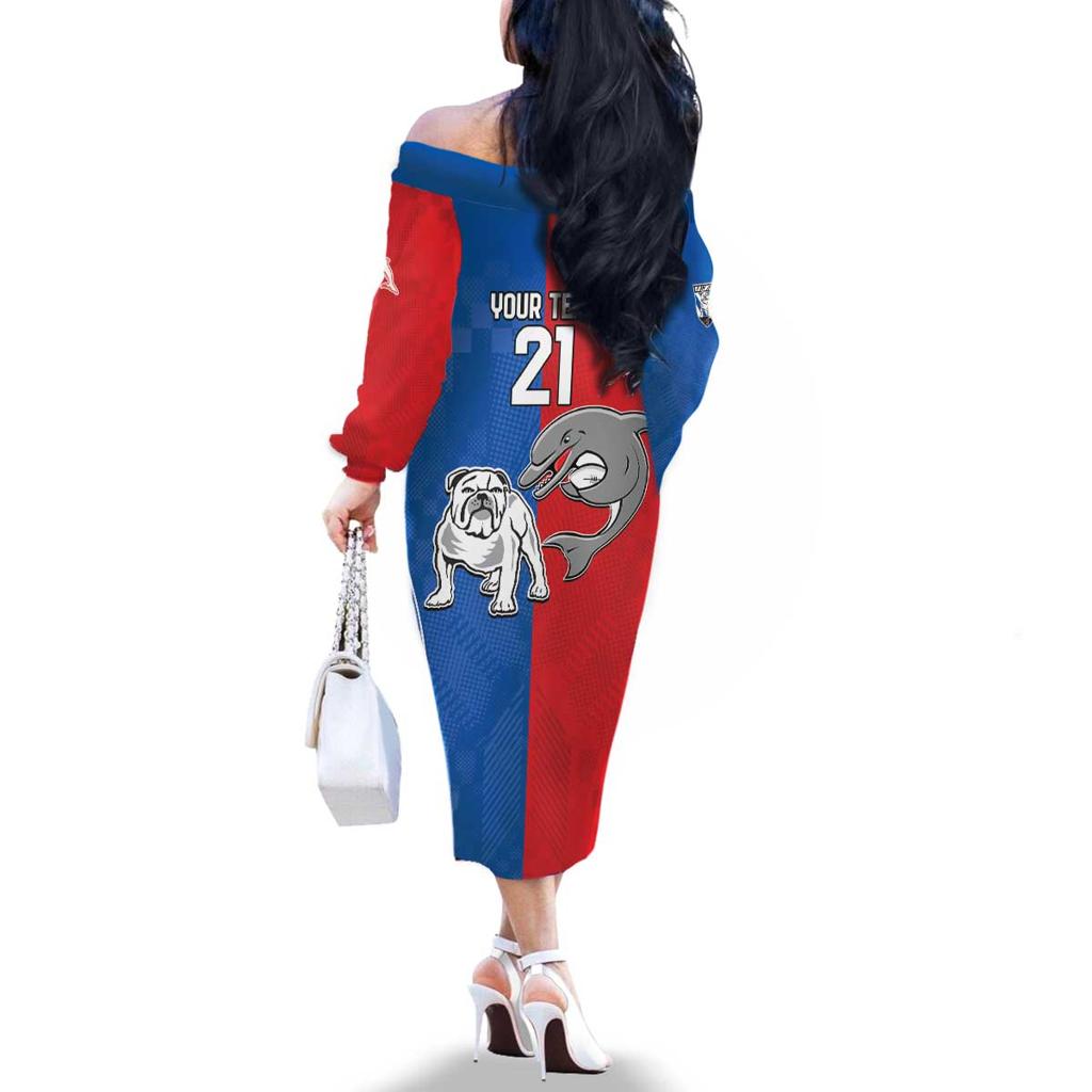 NRL Bulldogs and Dolphins Family Matching Off The Shoulder Long Sleeve Dress and Hawaiian Shirt Sporty Style
