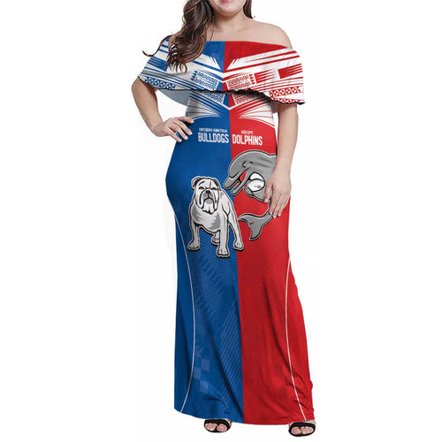 NRL Bulldogs and Dolphins Family Matching Off Shoulder Maxi Dress and Hawaiian Shirt Sporty Style