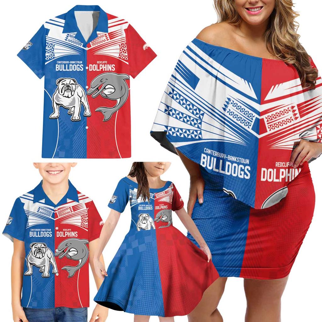 NRL Bulldogs and Dolphins Family Matching Off Shoulder Short Dress and Hawaiian Shirt Sporty Style