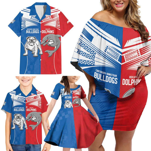 NRL Bulldogs and Dolphins Family Matching Off Shoulder Short Dress and Hawaiian Shirt Sporty Style