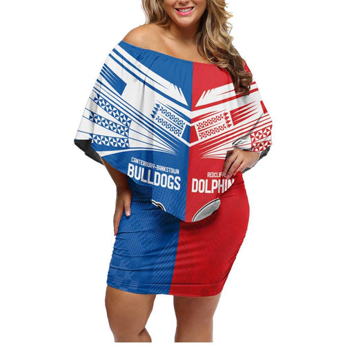 NRL Bulldogs and Dolphins Family Matching Off Shoulder Short Dress and Hawaiian Shirt Sporty Style